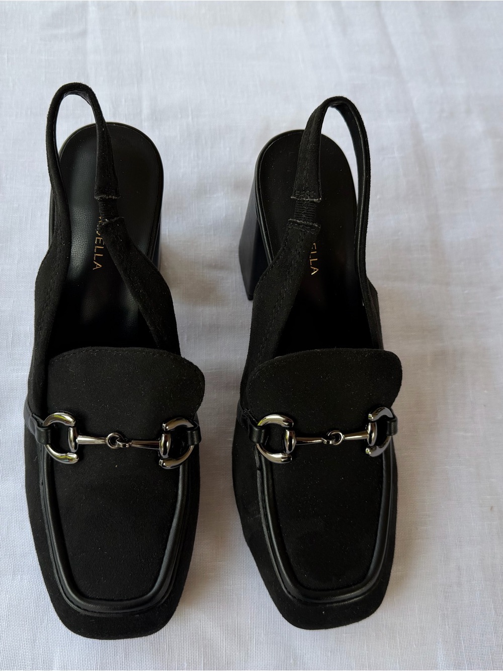 NEW women’s NEWBELLA Black Suede Slingback Mules with Metal Bit Accent size 9